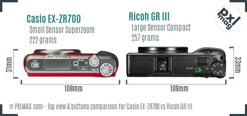 Casio EX-ZR700 vs Ricoh GR III top view buttons comparison