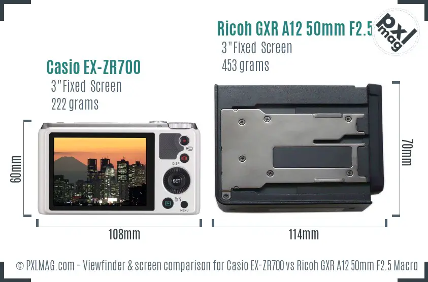 Casio EX-ZR700 vs Ricoh GXR A12 50mm F2.5 Macro Screen and Viewfinder comparison