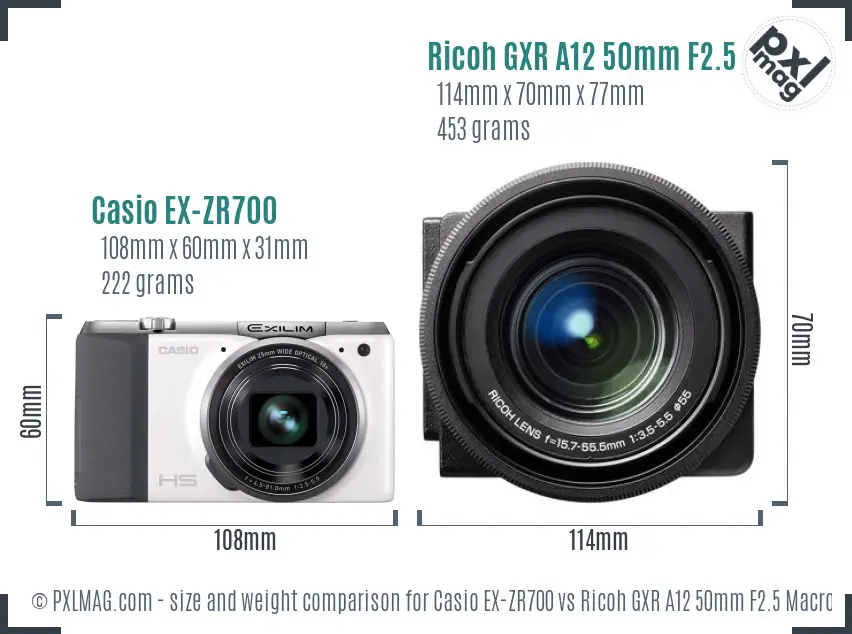 Casio EX-ZR700 vs Ricoh GXR A12 50mm F2.5 Macro size comparison