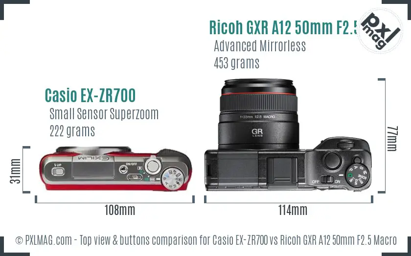 Casio EX-ZR700 vs Ricoh GXR A12 50mm F2.5 Macro top view buttons comparison