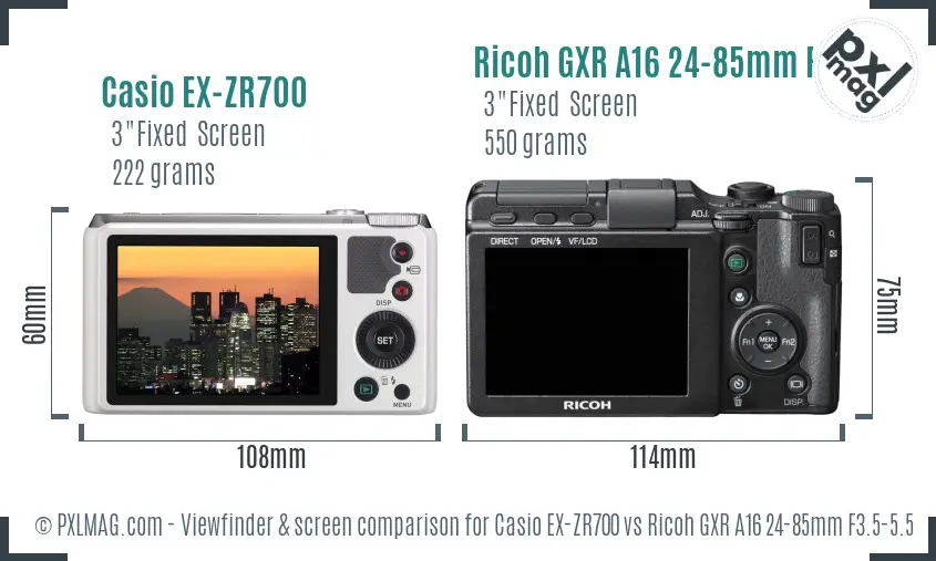 Casio EX-ZR700 vs Ricoh GXR A16 24-85mm F3.5-5.5 Screen and Viewfinder comparison