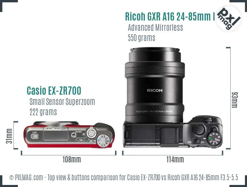 Casio EX-ZR700 vs Ricoh GXR A16 24-85mm F3.5-5.5 top view buttons comparison