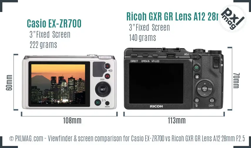 Casio EX-ZR700 vs Ricoh GXR GR Lens A12 28mm F2.5 Screen and Viewfinder comparison