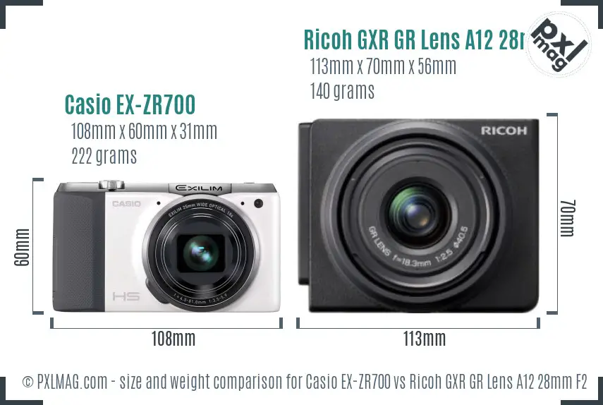 Casio EX-ZR700 vs Ricoh GXR GR Lens A12 28mm F2.5 size comparison