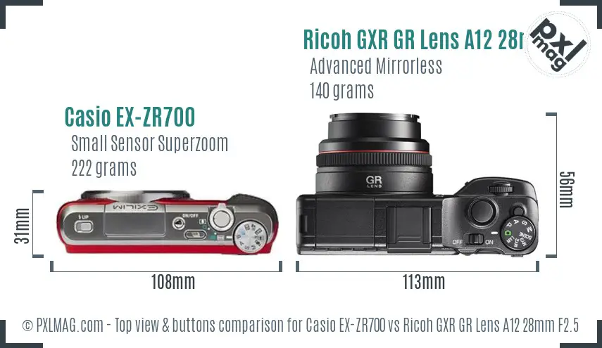 Casio EX-ZR700 vs Ricoh GXR GR Lens A12 28mm F2.5 top view buttons comparison