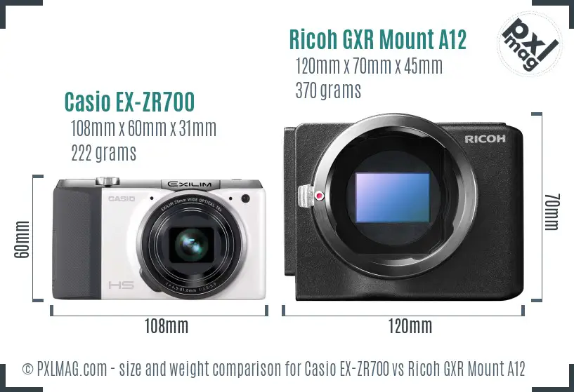 Casio EX-ZR700 vs Ricoh GXR Mount A12 size comparison