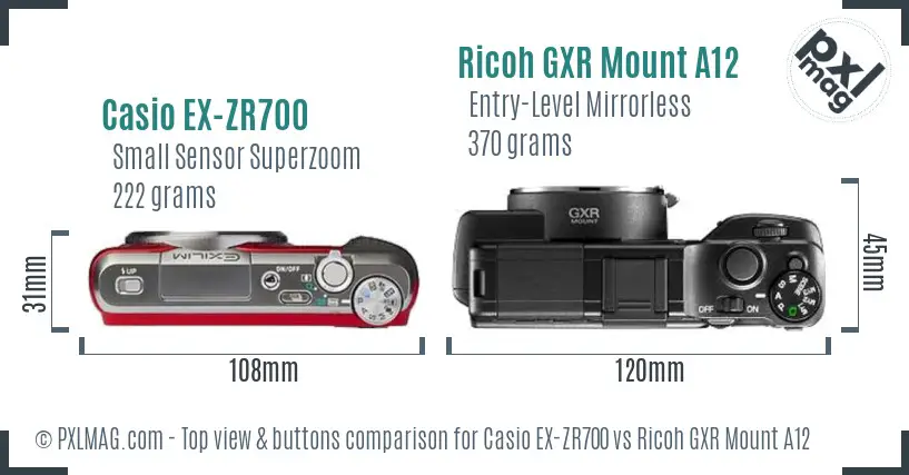 Casio EX-ZR700 vs Ricoh GXR Mount A12 top view buttons comparison