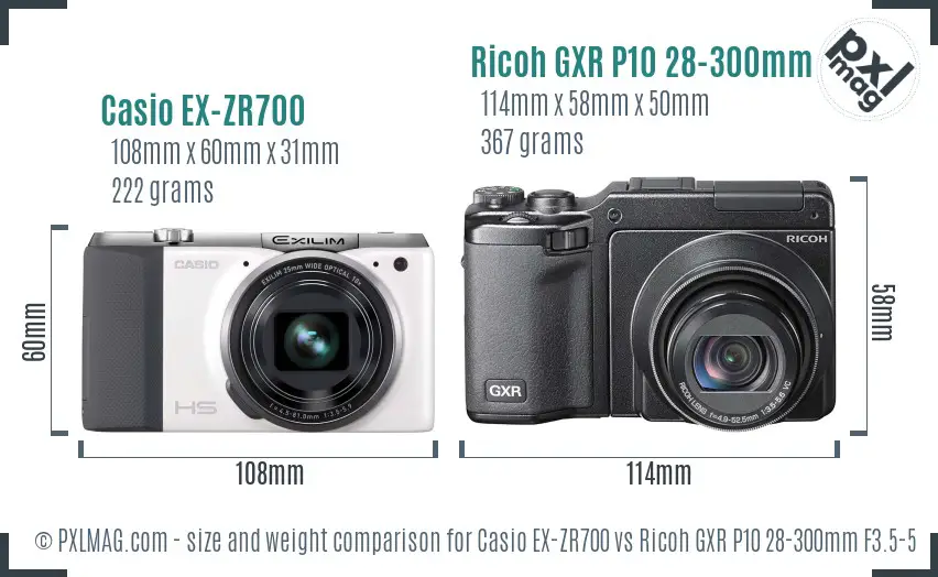 Casio EX-ZR700 vs Ricoh GXR P10 28-300mm F3.5-5.6 VC size comparison
