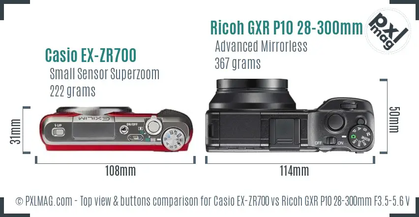Casio EX-ZR700 vs Ricoh GXR P10 28-300mm F3.5-5.6 VC top view buttons comparison