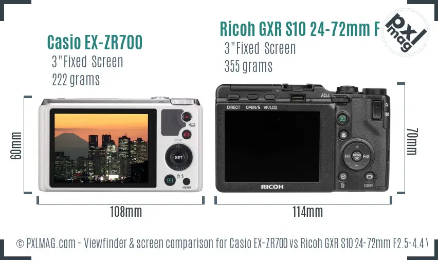 Casio EX-ZR700 vs Ricoh GXR S10 24-72mm F2.5-4.4 VC Screen and Viewfinder comparison
