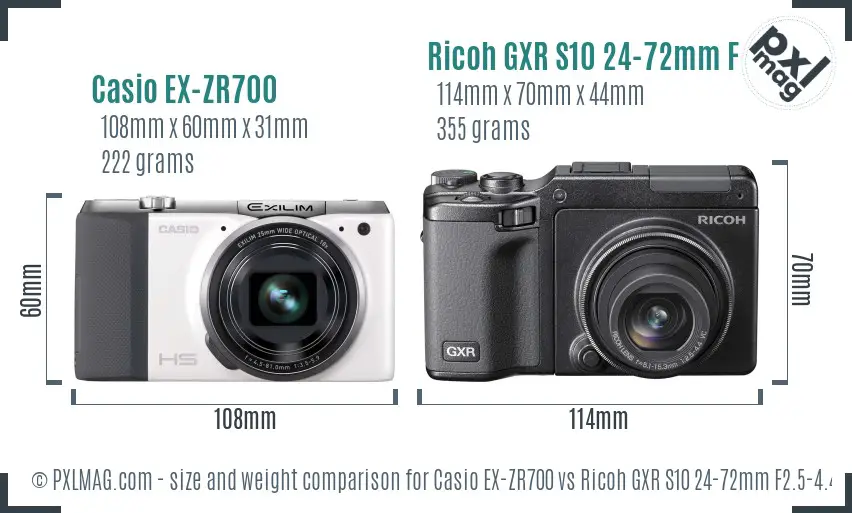 Casio EX-ZR700 vs Ricoh GXR S10 24-72mm F2.5-4.4 VC size comparison