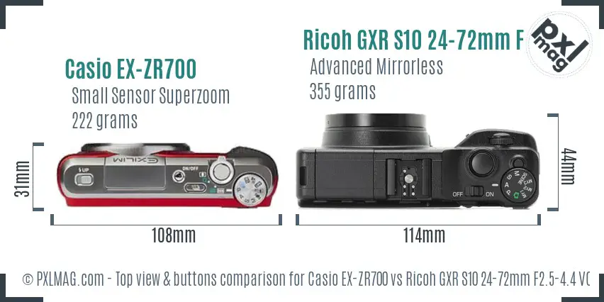 Casio EX-ZR700 vs Ricoh GXR S10 24-72mm F2.5-4.4 VC top view buttons comparison