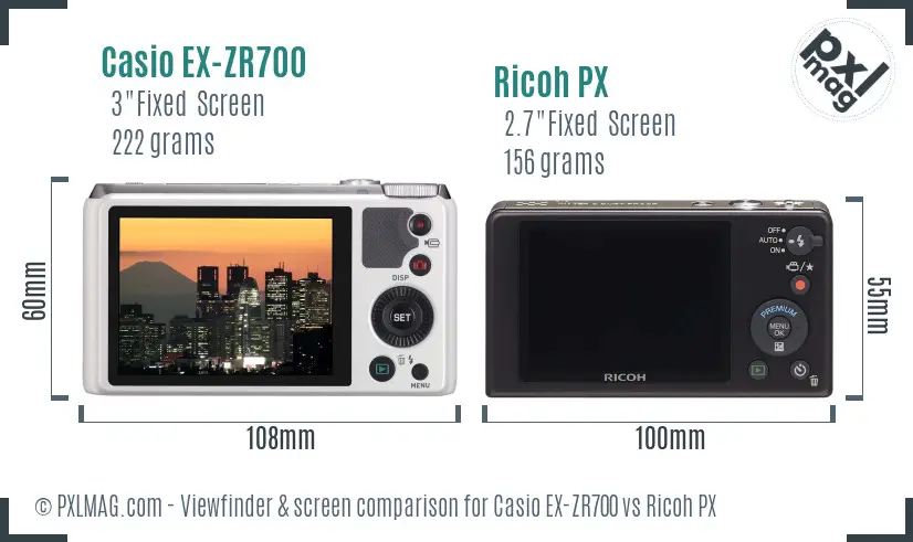 Casio EX-ZR700 vs Ricoh PX Screen and Viewfinder comparison