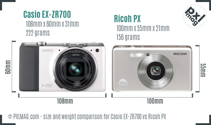 Casio EX-ZR700 vs Ricoh PX size comparison