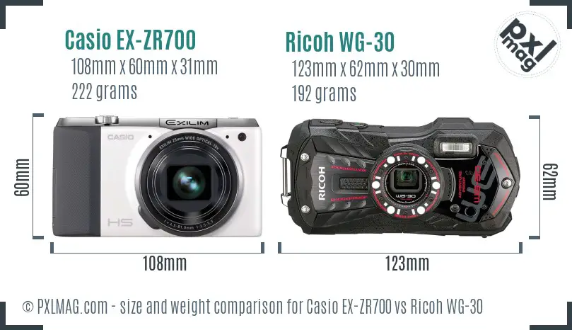 Casio EX-ZR700 vs Ricoh WG-30 size comparison