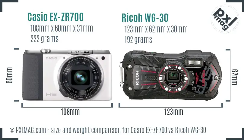 Casio EX-ZR700 vs Ricoh WG-30 size comparison Casio EX-ZR700 vs Ricoh WG-30 size comparison