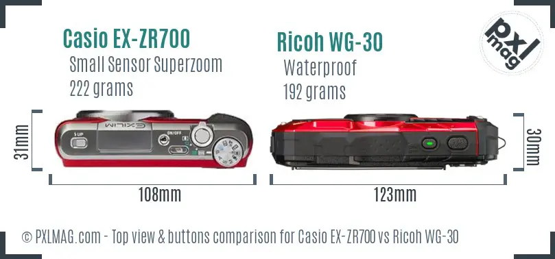 Casio EX-ZR700 vs Ricoh WG-30 top view buttons comparison Casio EX-ZR700 vs Ricoh WG-30 top view buttons comparison