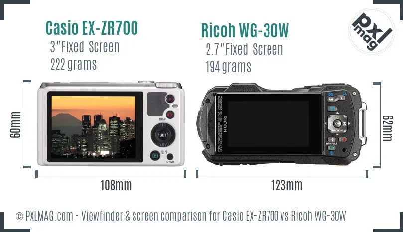 Casio EX-ZR700 vs Ricoh WG-30W Screen and Viewfinder comparison