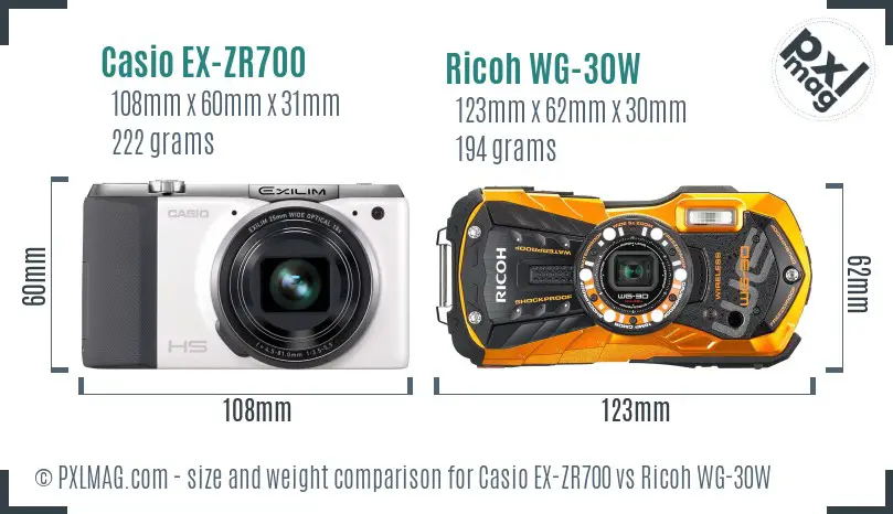 Casio EX-ZR700 vs Ricoh WG-30W size comparison