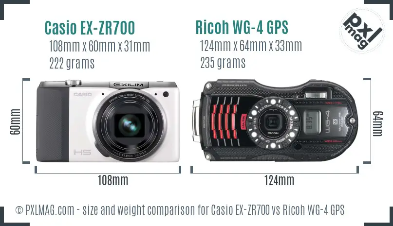 Casio EX-ZR700 vs Ricoh WG-4 GPS size comparison