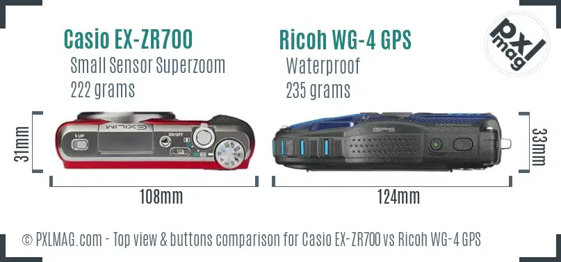 Casio EX-ZR700 vs Ricoh WG-4 GPS top view buttons comparison