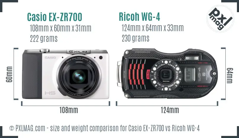 Casio EX-ZR700 vs Ricoh WG-4 size comparison