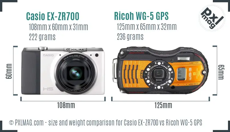 Casio EX-ZR700 vs Ricoh WG-5 GPS size comparison