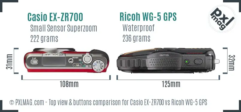 Casio EX-ZR700 vs Ricoh WG-5 GPS top view buttons comparison