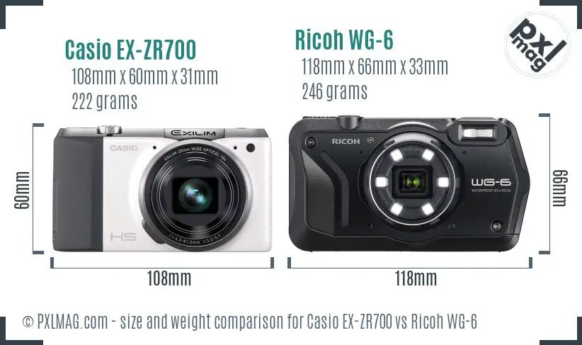 Casio EX-ZR700 vs Ricoh WG-6 size comparison