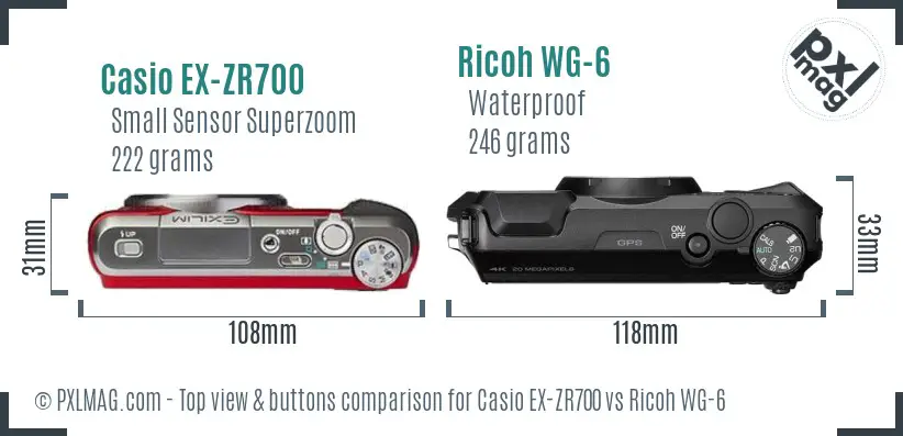 Casio EX-ZR700 vs Ricoh WG-6 top view buttons comparison