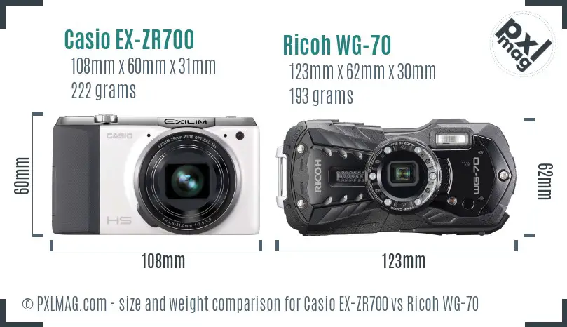 Casio EX-ZR700 vs Ricoh WG-70 size comparison