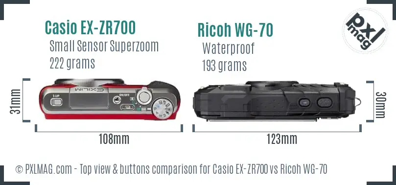 Casio EX-ZR700 vs Ricoh WG-70 top view buttons comparison