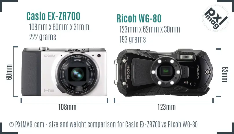 Casio EX-ZR700 vs Ricoh WG-80 size comparison