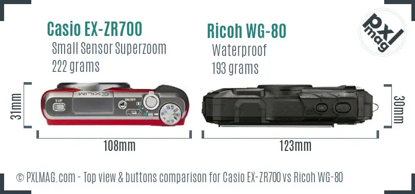 Casio EX-ZR700 vs Ricoh WG-80 top view buttons comparison