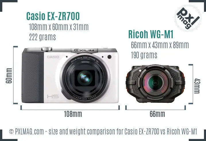 Casio EX-ZR700 vs Ricoh WG-M1 size comparison