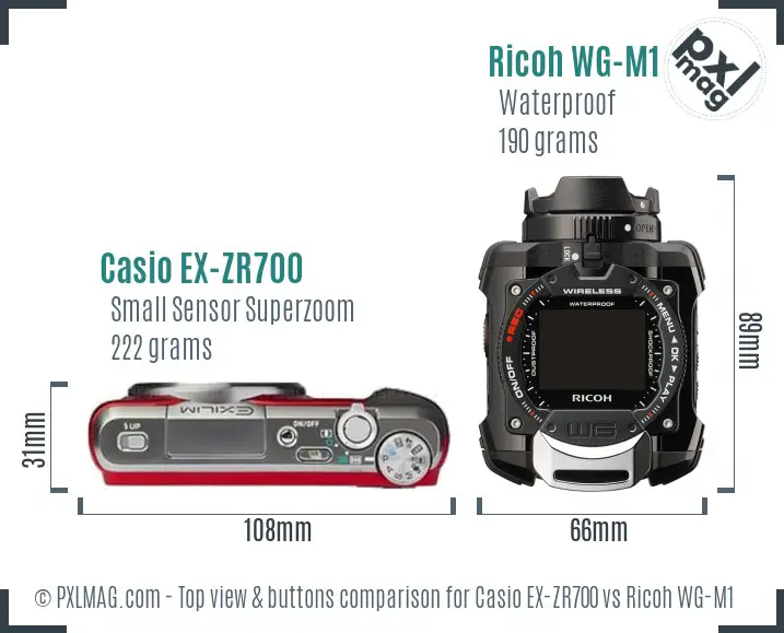 Casio EX-ZR700 vs Ricoh WG-M1 top view buttons comparison