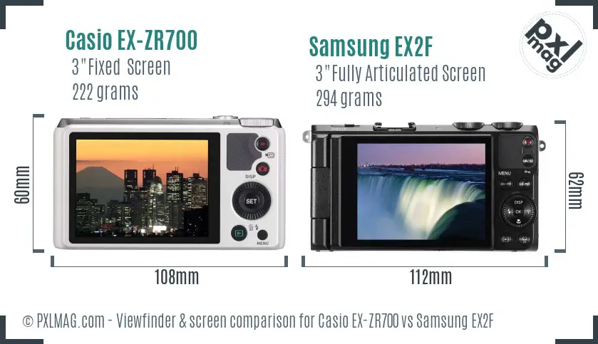 Casio EX-ZR700 vs Samsung EX2F Screen and Viewfinder comparison