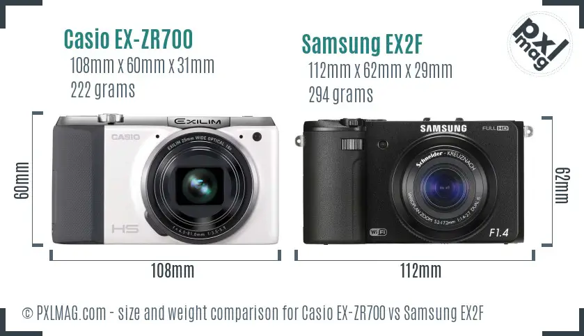 Casio EX-ZR700 vs Samsung EX2F size comparison