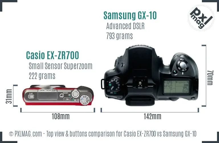 Casio EX-ZR700 vs Samsung GX-10 top view buttons comparison