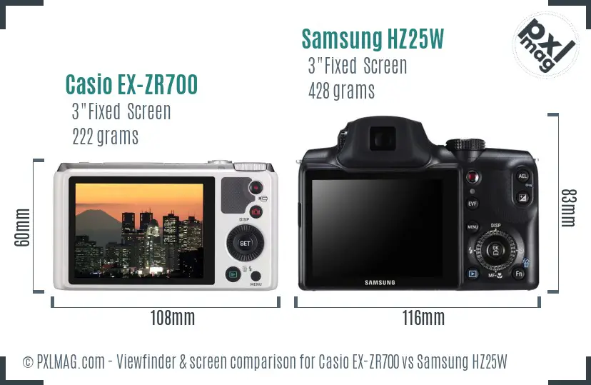 Casio EX-ZR700 vs Samsung HZ25W Screen and Viewfinder comparison