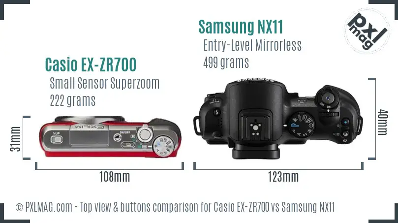 Casio EX-ZR700 vs Samsung NX11 top view buttons comparison