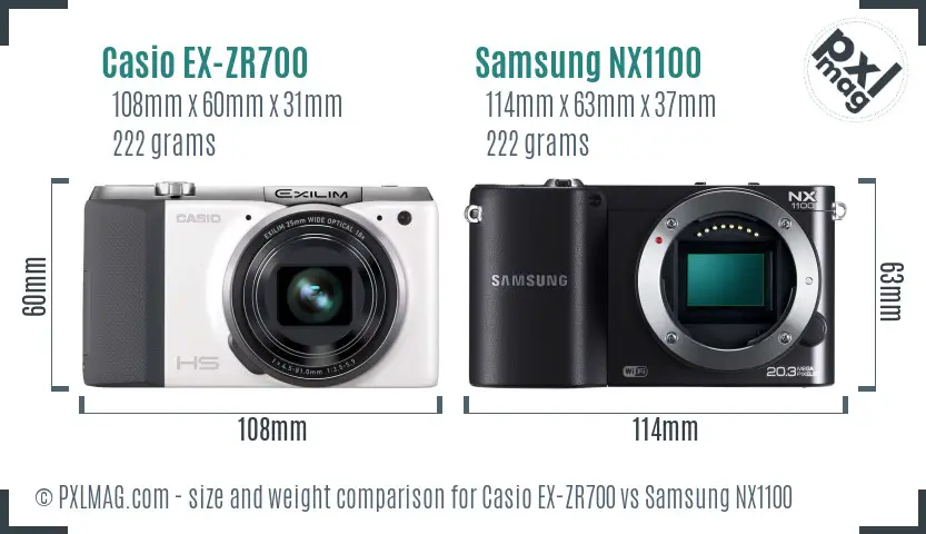 Casio EX-ZR700 vs Samsung NX1100 size comparison