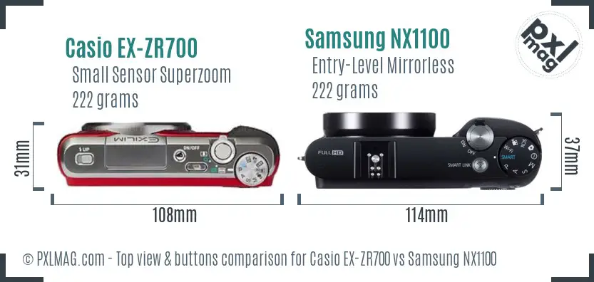 Casio EX-ZR700 vs Samsung NX1100 top view buttons comparison