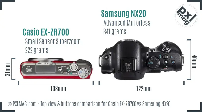 Casio EX-ZR700 vs Samsung NX20 top view buttons comparison Casio EX-ZR700 vs Samsung NX20 top view buttons comparison