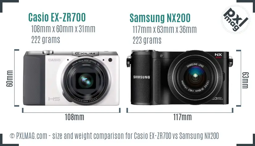 Casio EX-ZR700 vs Samsung NX200 size comparison