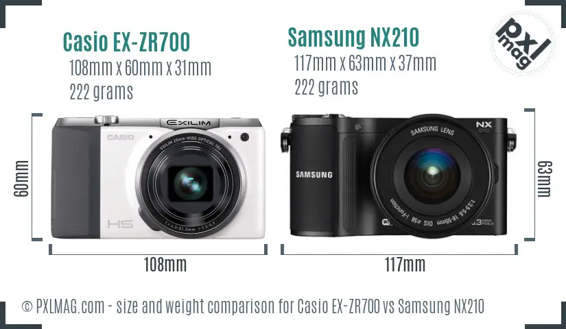 Casio EX-ZR700 vs Samsung NX210 size comparison