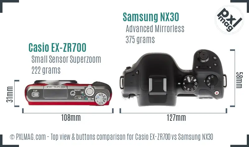 Casio EX-ZR700 vs Samsung NX30 top view buttons comparison Casio EX-ZR700 vs Samsung NX30 top view buttons comparison