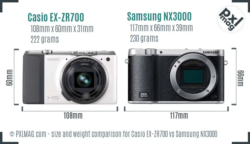 Casio EX-ZR700 vs Samsung NX3000 size comparison