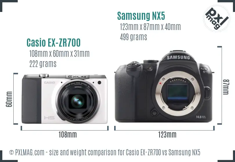 Casio EX-ZR700 vs Samsung NX5 size comparison