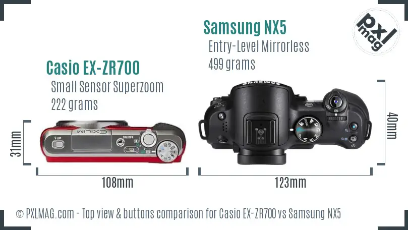 Casio EX-ZR700 vs Samsung NX5 top view buttons comparison